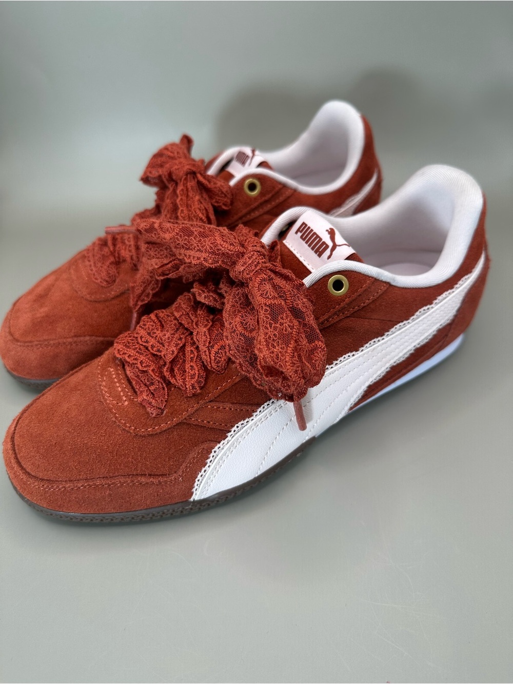 Puma Suede Lace-Up Sneakers in Rust and White